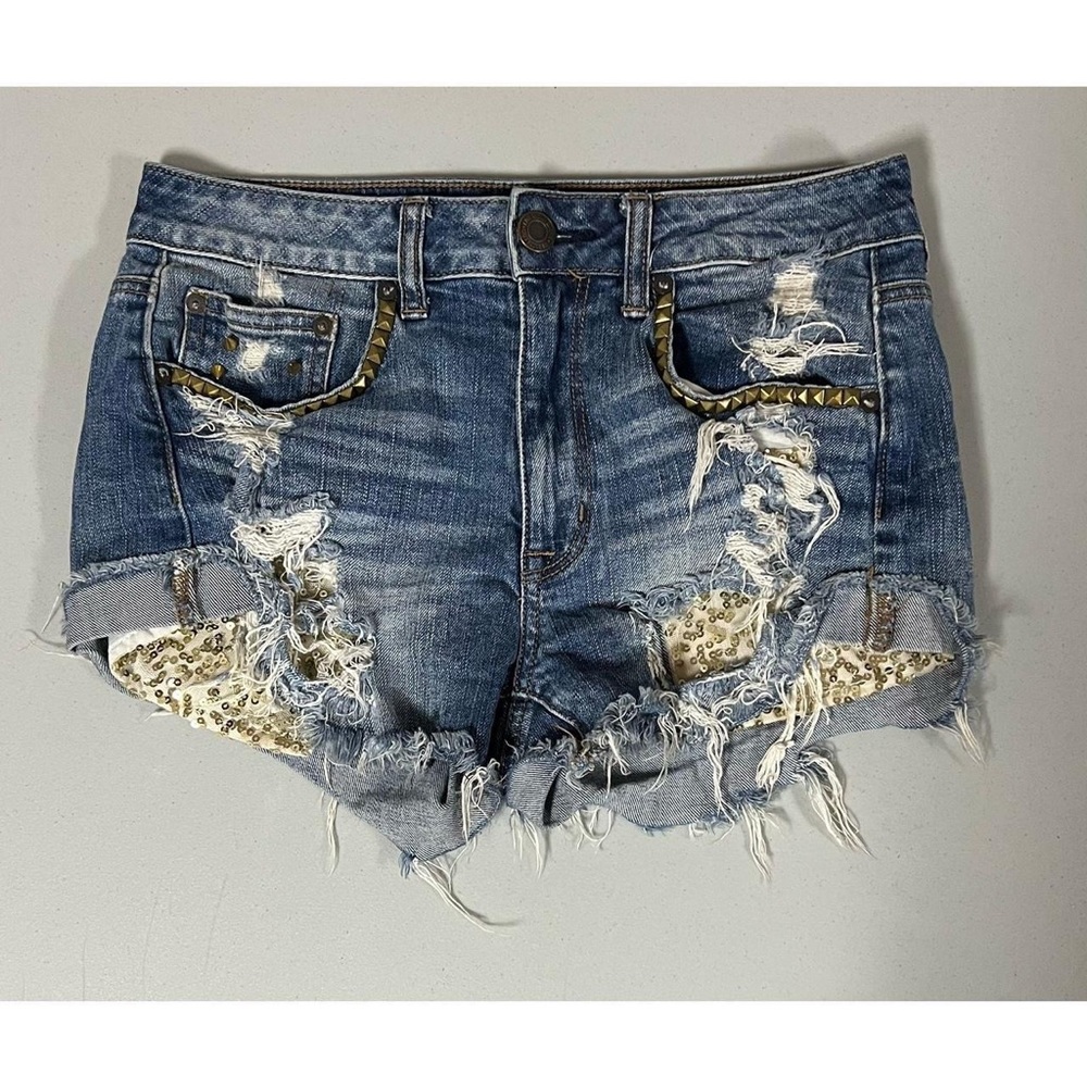Blue Gold Pop Divas Patches Studded Stretch Denim Jean Shorts Bottoms Size 6 🎤✨